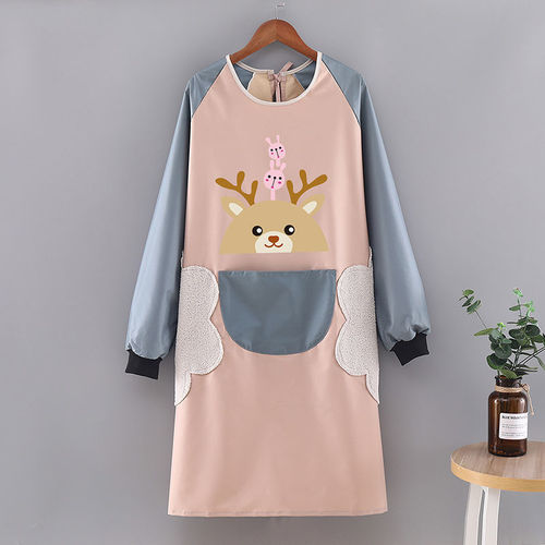 Apron for women's home kitchen, hand-wipeable, waterproof, oil-proof, long-sleeved cartoon smock, cooking apron, adult work clothes
