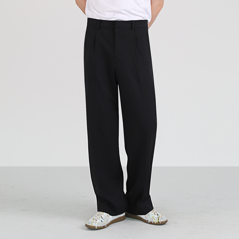 Pantalones de traje de hombre MYQ pantalones de verano estilo coreano de moda delgada suelta pantalones casuales rectos drapeados pantalones de pierna ancha de seda de hielo