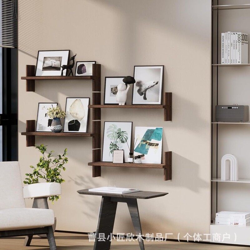 Cross-Border Country Style Floating Shelf Solid Wood Bookshelf Books Plant Photo Decorations Brown Wooden Storage Rack
