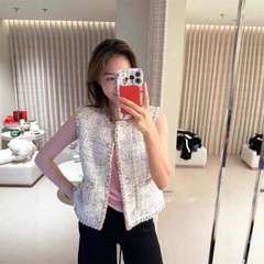 2025夏季新款南油cha气质名媛小香风圆领单排扣撞色粗花呢马甲女
