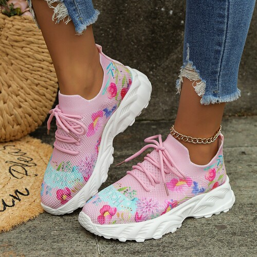  autumn and winter new foreign trade large size women's casual shoes temu flower pattern wedge heel sports shoes for women