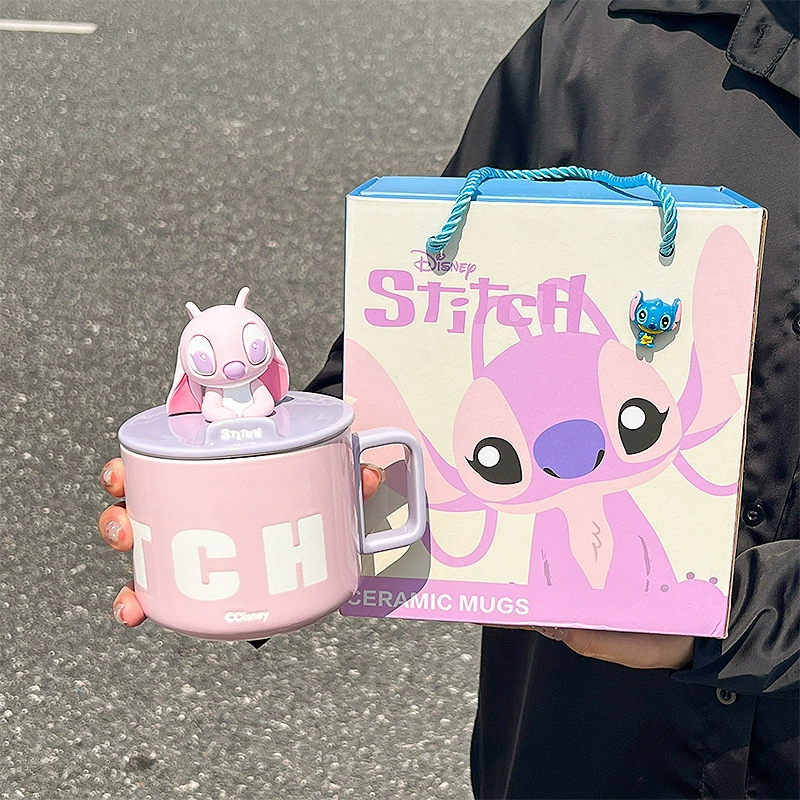 Керамическая кружка Stitch с крышкой для дома, пара, чашка для воды, милая чашка для девочки, подарок на день рождения, кружка для кофе
