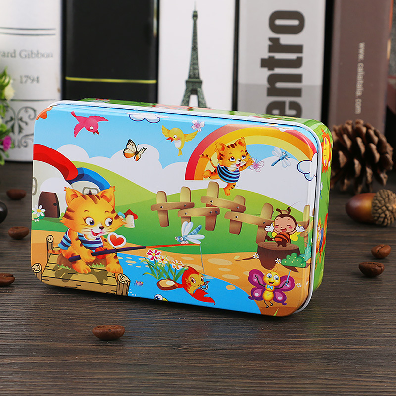 Nuevo estilo 60 piezas 200 piezas dibujos animados para niños dibujos animados madera caja de hierro rompecabezas bebé escuela primaria juguetes educativos al por mayor