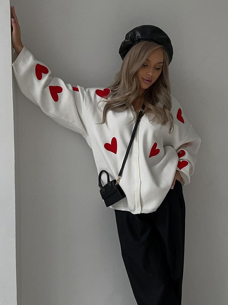 570g Weight Long Sleeve Sleeve Length Single Breasted Placket Type Regular Sleeve Sleeve Type Viscose fiber Fabric Type Regular Top Length Sweater Tops Type Holiday, Street Occasion V Neck Neckline Loose Fit Type Heart Shape Pattern Winter, Autumn Season Women's Gender Elegant, Streetwear Style Women's Sweater Long Sleeve Sweaters & Cardigans Elegant Streetwear Heart Shape 20