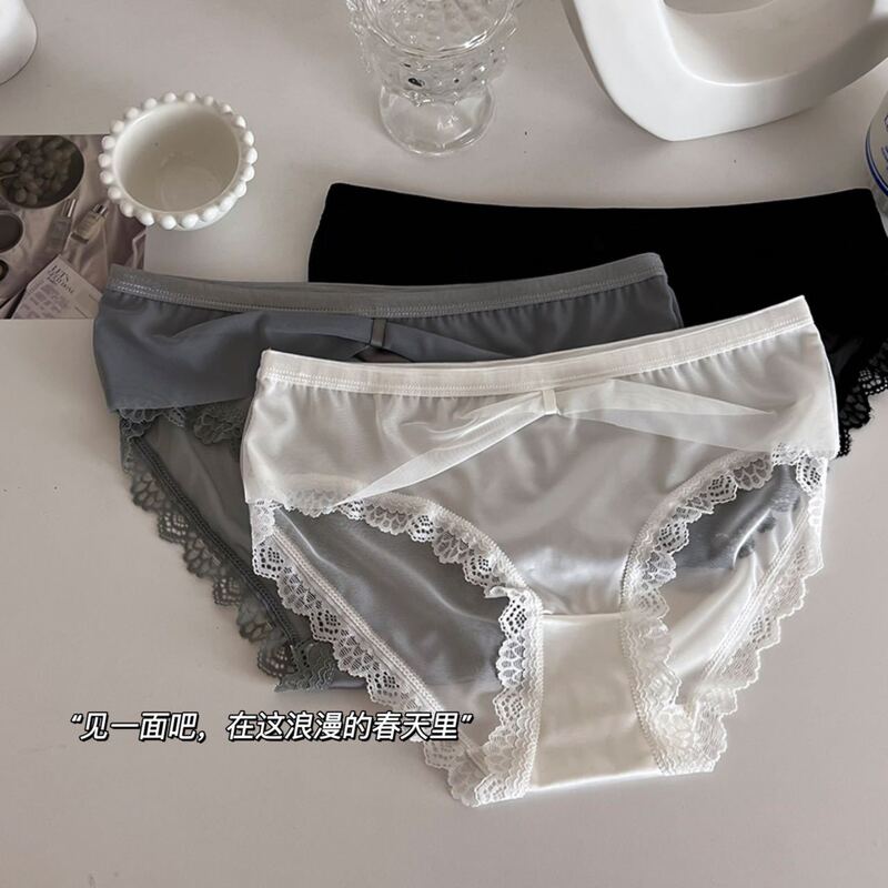 Pure Desire Style Bowknot Panties with Satin Lace Trim, High Elasticity, Comfortable and Sexy, Pure Cotton Crotch, Mid-Low Waist Briefs for Women Pure Desire Style Bowknot Panties with Satin Lace Trim, High Elasticity, Comfortable and Sexy, Pure Cotton Crotch, Mid-Low Waist Briefs for Women