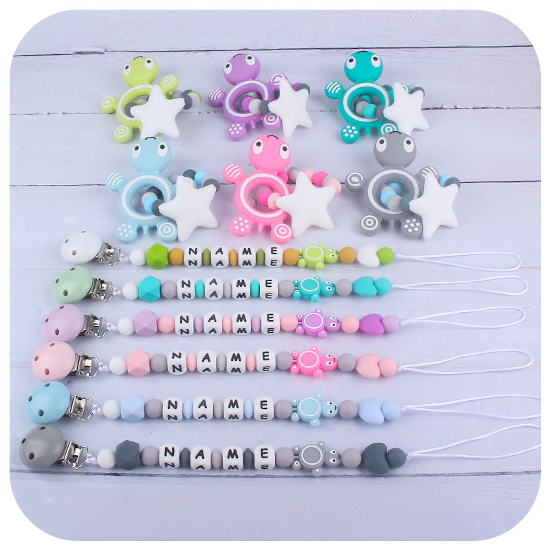 Nueva tortuga de silicona bebé mordedor de silicona Big Star molar juguete DIY bebé nombre chupete cadena traje