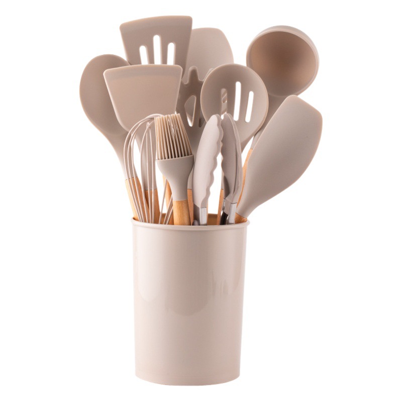 Fábrica al por mayor herramientas de cocina creativa espátula de silicona de 11 piezas con cubo de almacenamiento mango de madera utensilios de cocina de silicona conjunto de 12 piezas
