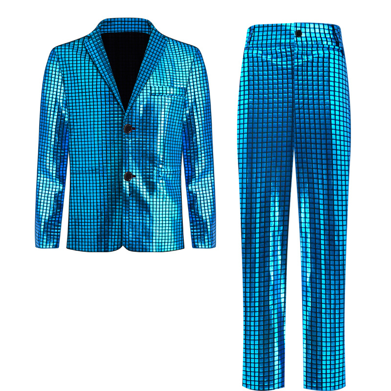 Men's European Size Suit, Rainbow Check Stage Nightclub Halloween Performance Costume, Multiple Colors Available, Sparkling Suit