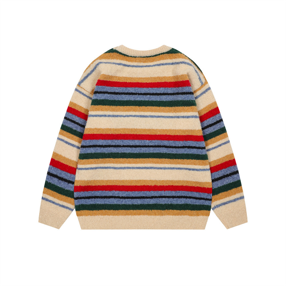 Striped Crewneck Sweater For Boys – Colorful Knit Pullover, Loose Fit & Street Style (S-XL)_voghion.com