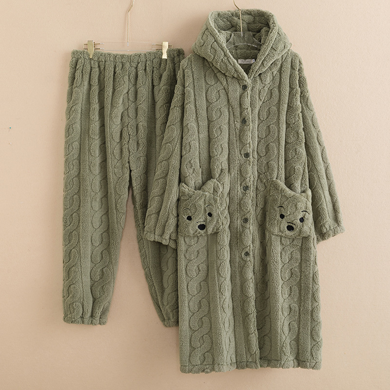 睡衣女新款法兰绒加厚长款提花长毛棉绒大码连帽家居服套装厂家直