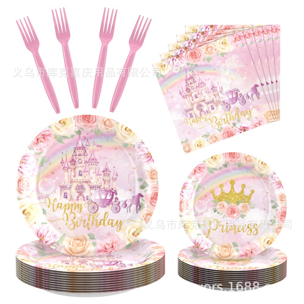 Nuevo castillo de ensueño tema de fiesta de cumpleaños artículos de decoración público bandeja de papel desechable taza de papel conjunto de decoración de toallas