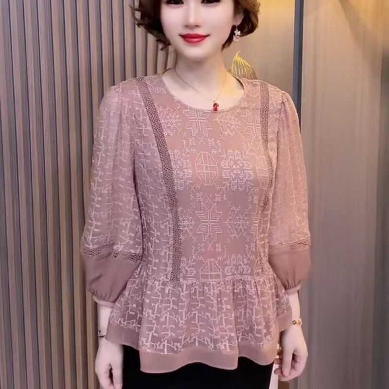 200斤高級大サイズ2025新型高級上着女性中年ママ気質tシャツ刺繍洋気春夏|undefined