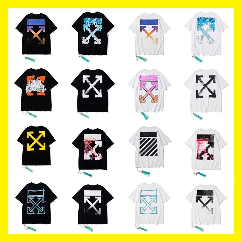 Wholesale Cross-Border Short-Sleeve Trendy Brand T-Shirt with Dissolving Arrow Gradient Starry Sky Ink Splash Design, Yellow Tape Warning Line Couple's Outfit T-Shirt