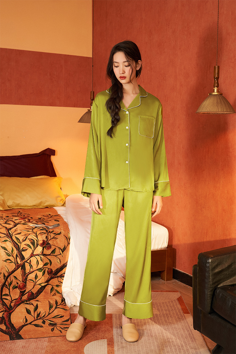Yaoting Einfacher, lässiger Satin-Chiffon-Pyjama, lange Ärmel und lange Hose, Homewear-Set für Damen, Pama2062_voghion.com