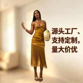 跨境女装爆款波西米亚异域风细肩带扭结镂空单侧不规则流苏连衣裙