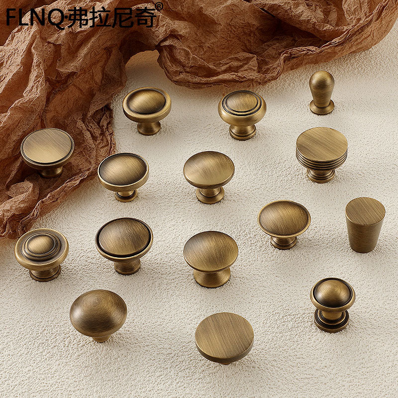 黃古銅美式復古純銅抽屜櫥櫃單孔圓形衣櫃拉手全銅法式櫥櫃門把手