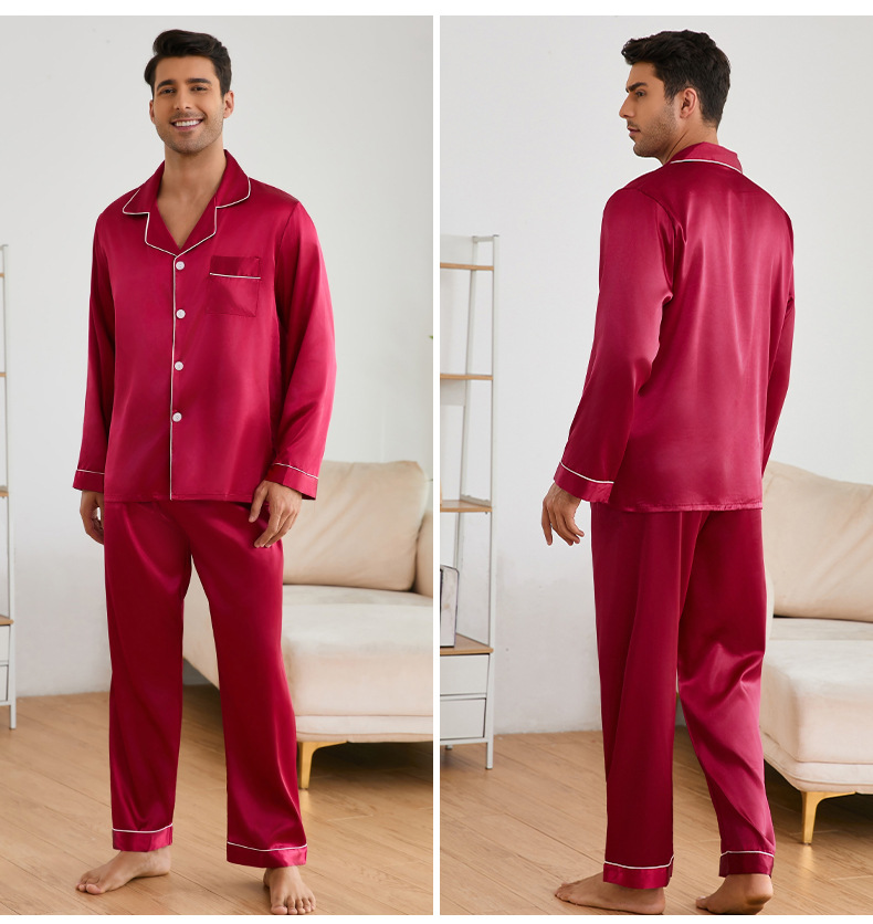 Yaoyin Herren-Pyjama aus Eisseide, Frühlings- und Herbstset, Hochzeits-Set, rote Ärmel, lange Hose, Hausanzug TZ21762_voghion.com