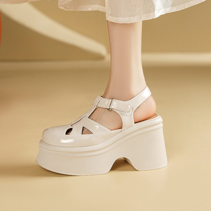 Sandal cao gót nữ 10 cm quai ngang mũi hở đế platform da bóng — Màu đen, Màu trắng be