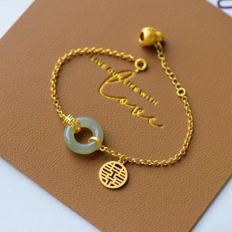 Ping An Buckle Bracelet Original s925 Sterling Silver Gold Plated Bracelet Female Natural Hetian Jade Ping An Buckle Jasper Retro Happy Character