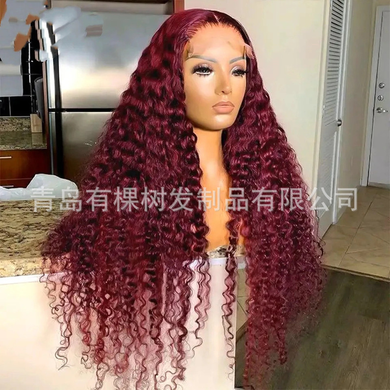 Cross-border European and American Red Wig Women's Front Lace Small Curly Wig Matte Chemical Fiber Long Curly Half Hook Wig