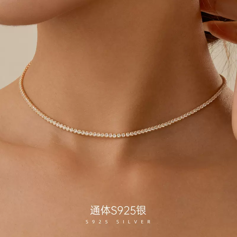 榕树下S925纯银欧美时髦满钻项圈项链女轻奢质感网球链银饰锁骨链