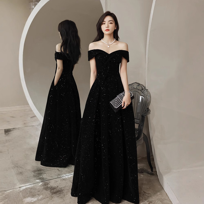 Black Evening Dress High-end Sense off-shoulder Host High-end Banquet Elegant Light Luxury Niche Slimming Velvet Dress
