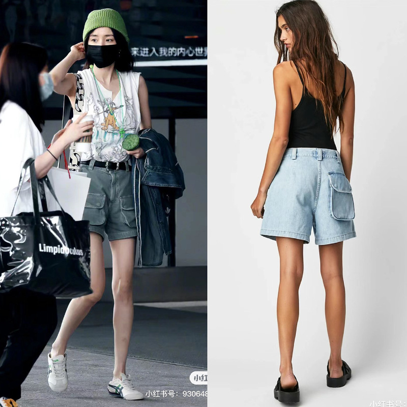 Spring 2024 new European and American AG same style big power Army Green high waist loose organ bag tooling Denim shorts