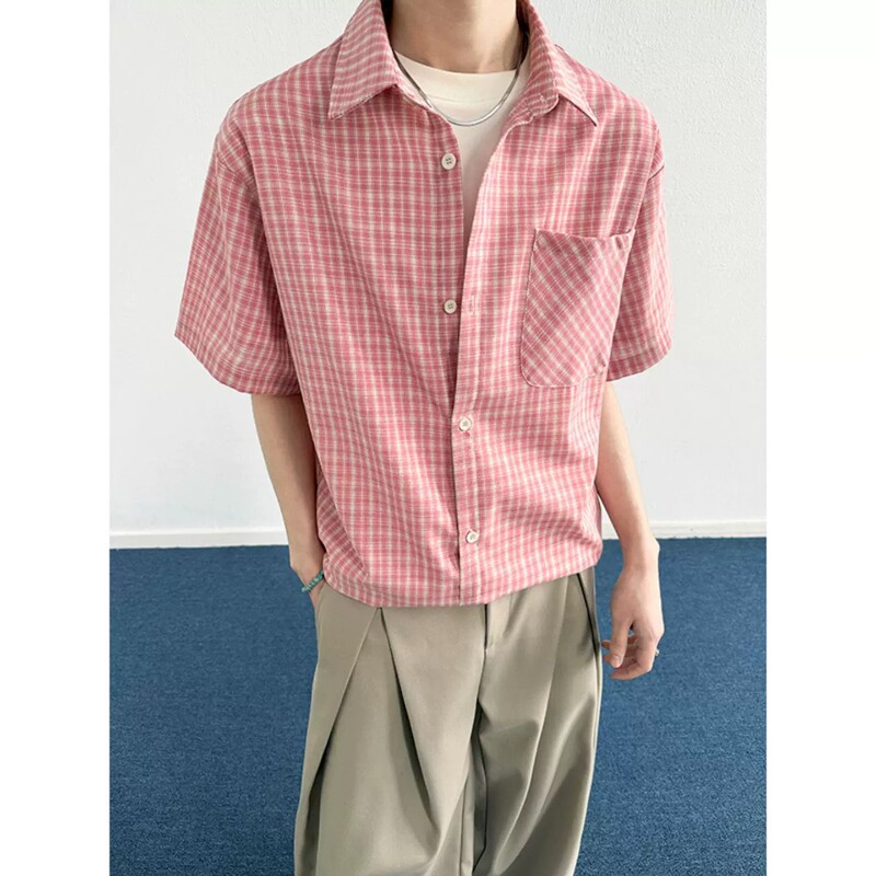 Pink Plaid Short-Sleeved Shirt for Men, Summer Trendy Loose-Fitting Korean Style Casual Versatile Shirt, High-End Lazy Jacket