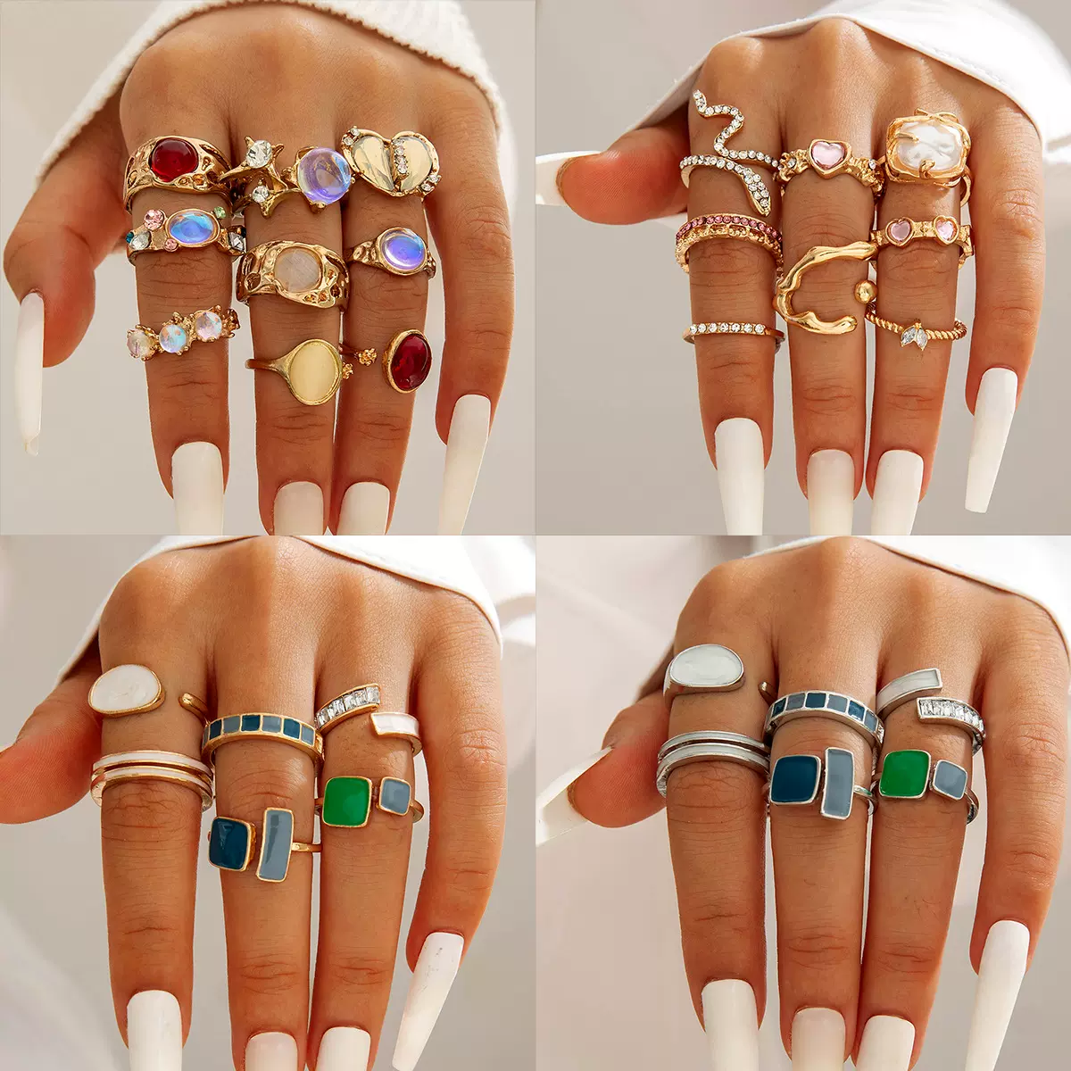 欧美跨境  时尚复古镶宝石戒指套装  个性高级感开口宫廷风指环