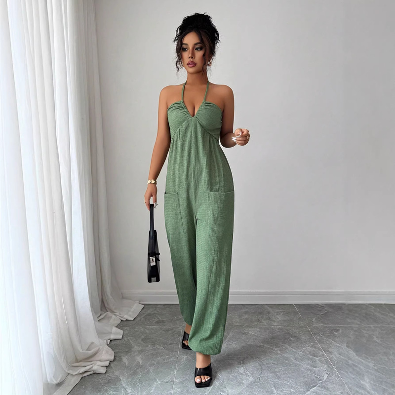 European and American Style Women's Deep V-Neck Halter Sleeveless Ruched Pocket Tie-Back Wide-Leg Jogger Jumpsuit European and American Style Women's Deep V-Neck Halter Sleeveless Ruched Pocket Tie-Back Wide-Leg Jogger Jumpsuit