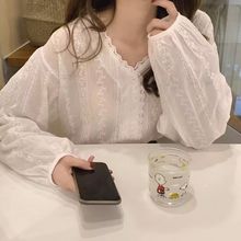 韩国ins简约蕾丝V领白色衬衫女秋装2025新款宽松百搭长袖上衣显瘦