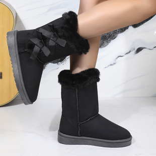 New Mid-barrel Autumn and Winter Women's Snow Boots High Boots Bow Fashion fleece-lined Snow Boots Cross-border Foreign Trade