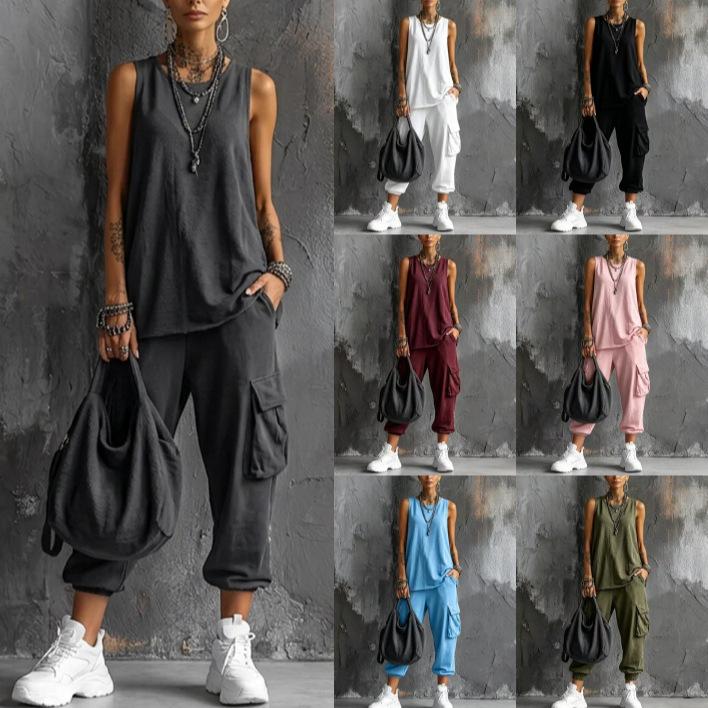 Summer Loose Casual Fashion Suit for Women, European and American Style, Solid Color Sleeveless Vest and Cargo Pants, Plus Size