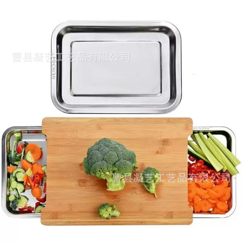 木质抽拉式西餐牛排板竹制带不锈钢托盘案砧板实木厨房蔬菜切板