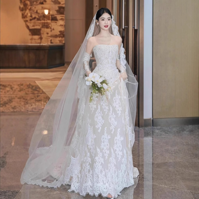 French Style Strapless Light Wedding Dress 2025 New Arrival Bridal Vintage Lace Mori Style Out-door Yarn Welcome Small Tail Dress