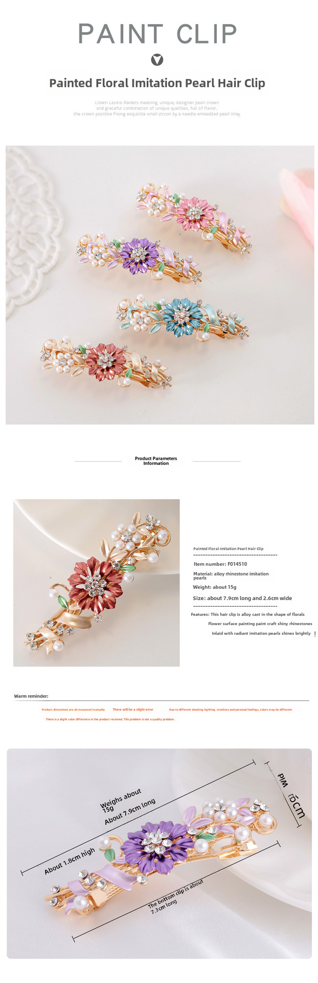Fermaglio a molla unisex con fiore colorato dipinto a mano, fermaglio per capelli con piccola perla in lega, mezzo nodo per la testa femminile_voghion.com