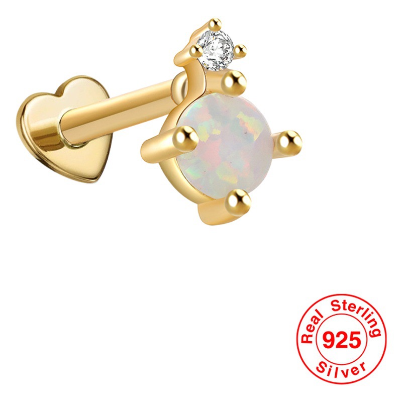 S925 plata esterlina ópalo diamante incrustado en forma de corazón hilo piercing oído hueso Stud Europea y Americana Venta caliente de alta calidad pendientes