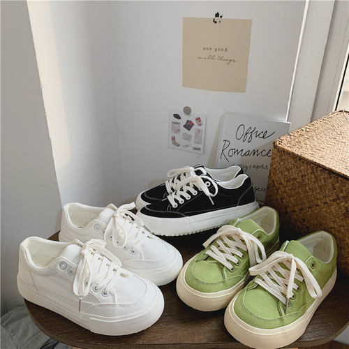 Pure Color Breathable Student Canvas Shoes Women  Spring Summer Flat Hong Kong Style Original Minimalist White Shoes Korean Version Casual Platform Shoes