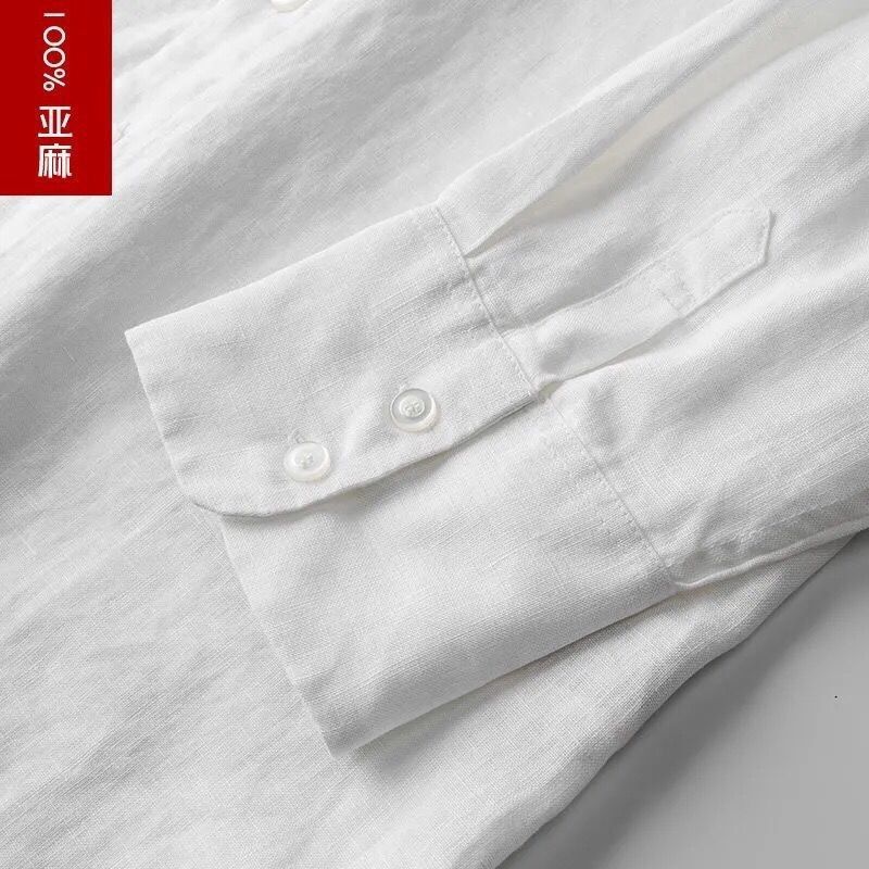 Breathable Summer 7/8 Sleeve Linen Shirt for Men Casual Medium Sleeve Linen Material White Collared Shirt Loose Plus Size Thin Top