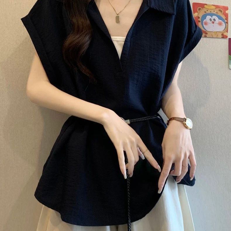 Plus-Size Faux Two-Piece Design V-Neck Regular Shoulder Shirt for Women, New Summer Style for Curvy Women, Waist-Cinching Slimming Tie-Up Top