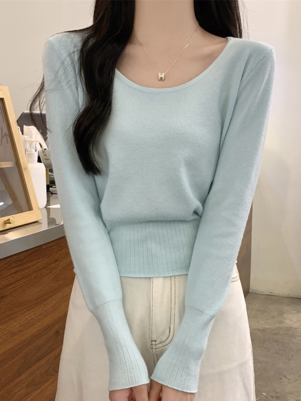法式早秋低领露锁骨安迪绒针织打底衫女秋修身毛衣内搭长袖上衣|undefined