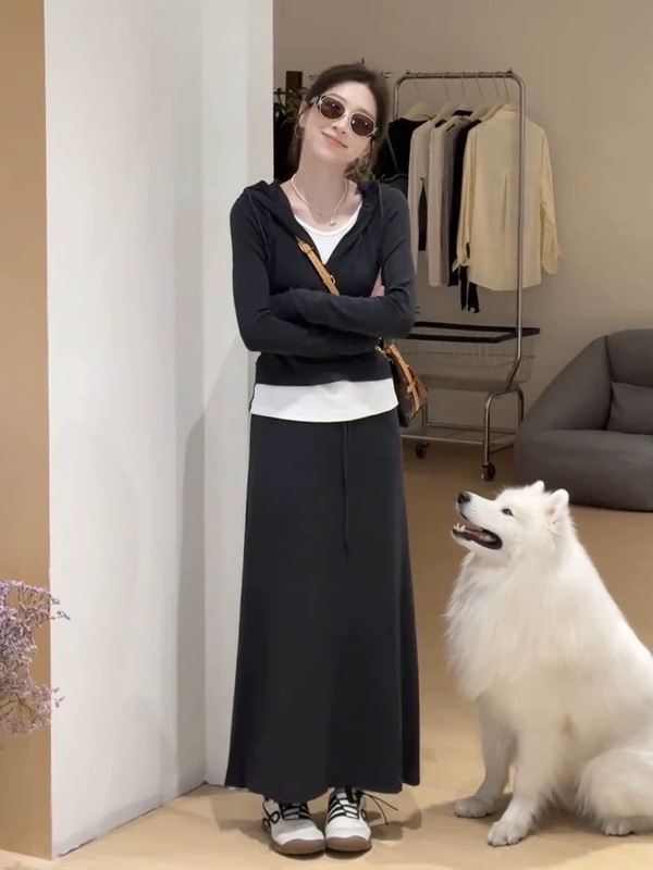 早秋减龄一整套穿搭女新款韩版假两件帽衫恤高腰半身裙套装|undefined