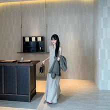 实拍 2025韩系温柔气质小翻领无袖毛衣松紧半身长裙套装