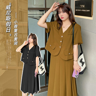 7591 Xuan Chen large size women's Korean temperament two-piece set 200 Jin Slim retro fat fragrant style suit foreign style