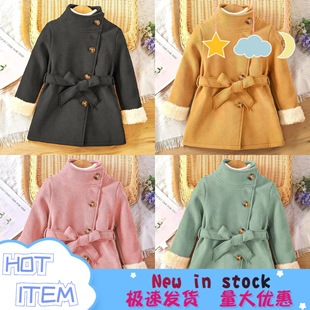 Amazon British winter New girls' solid color medium high collar plush sleeve trench coat for children in stock
