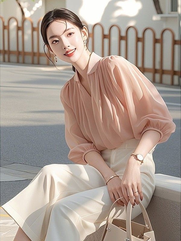 韩剧穿搭独特漂亮高级感气质桃粉色衬衫白色裤子两件时尚套装秋季|undefined