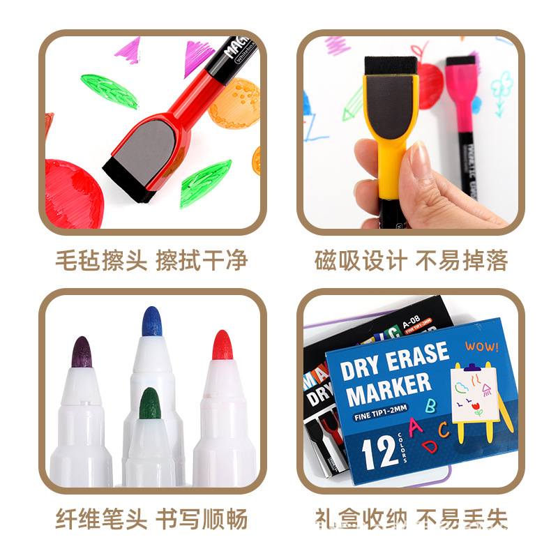 Bolígrafo de pizarra al por mayor con cepillo magnético de oficina con 12 colores de gran capacidad limpiable y ecológico no tóxico