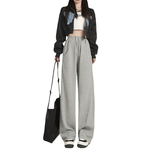 Grey Women's Spring Thin Loose Straight Leg American Style Sweatpants Banana Pants with Drape Wide Leg Pants