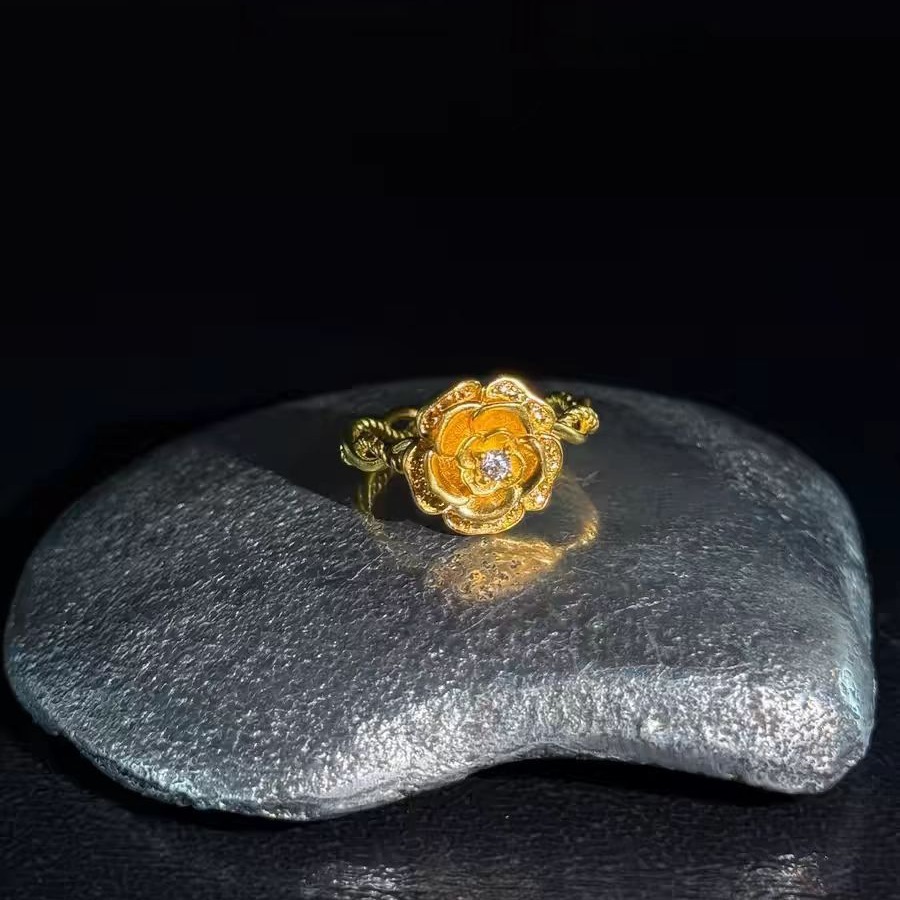 Gold Audrey Rose Ring Women Vietnam Sha Gold Fashion Diamond Rose Flower Opening Finger Ring Bracelet_voghion.com