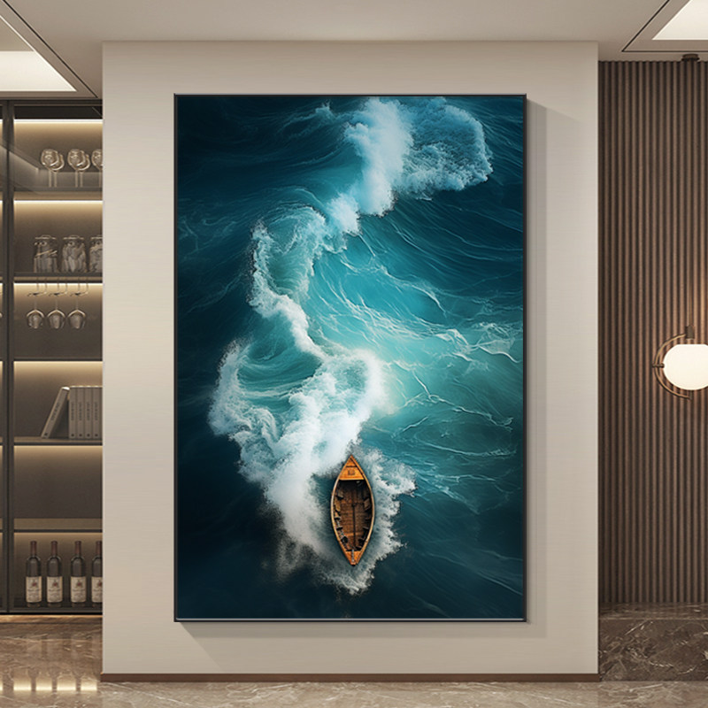 一帆风顺入户玄关装饰画现代简约海边风景客厅挂画大海浪花落地画